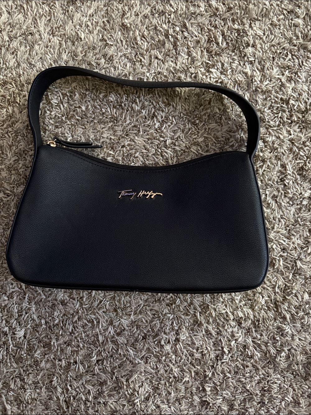 Tommy Hilfiger Black Pebbled Shoulder Bag with Gold Logo